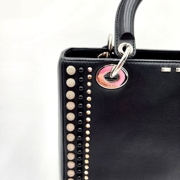 CHRISTIAN DIOR Black Leather Studs Embellished Medium Lady Dior Tote RARE - Picture 4 of 17